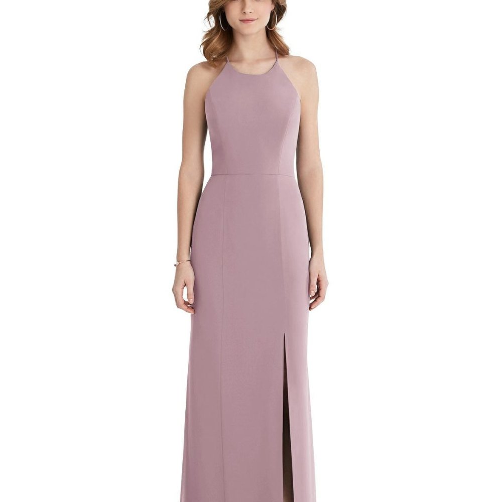 After six 1512...Criss Cross Open-Back Chiffon Trumpet Gown...Dusty Rose...Sz 6